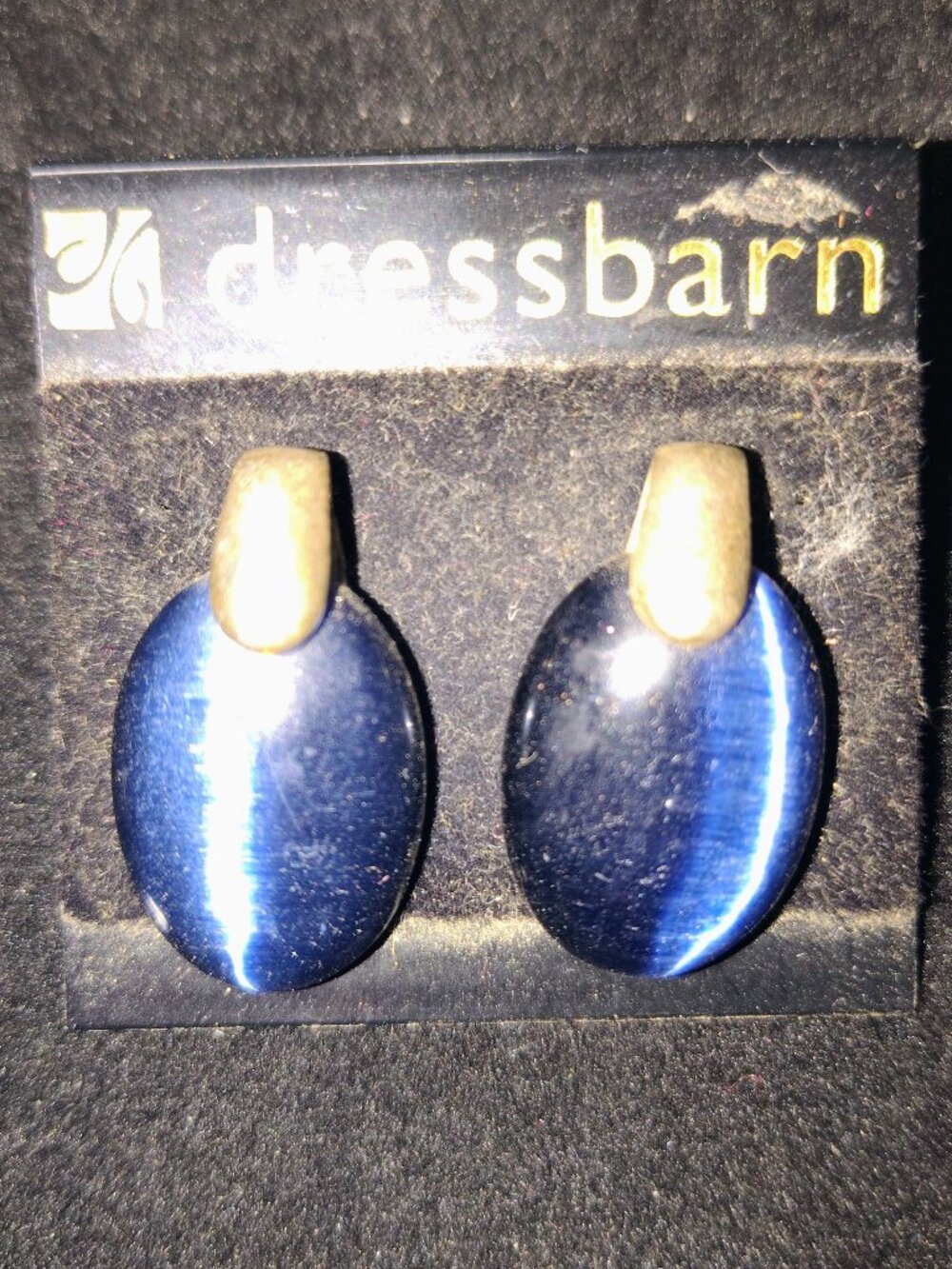 Vintage Dressbarn Blue Cat’s Eye Oval Pierced Earrings – Gold Tone – 30mm